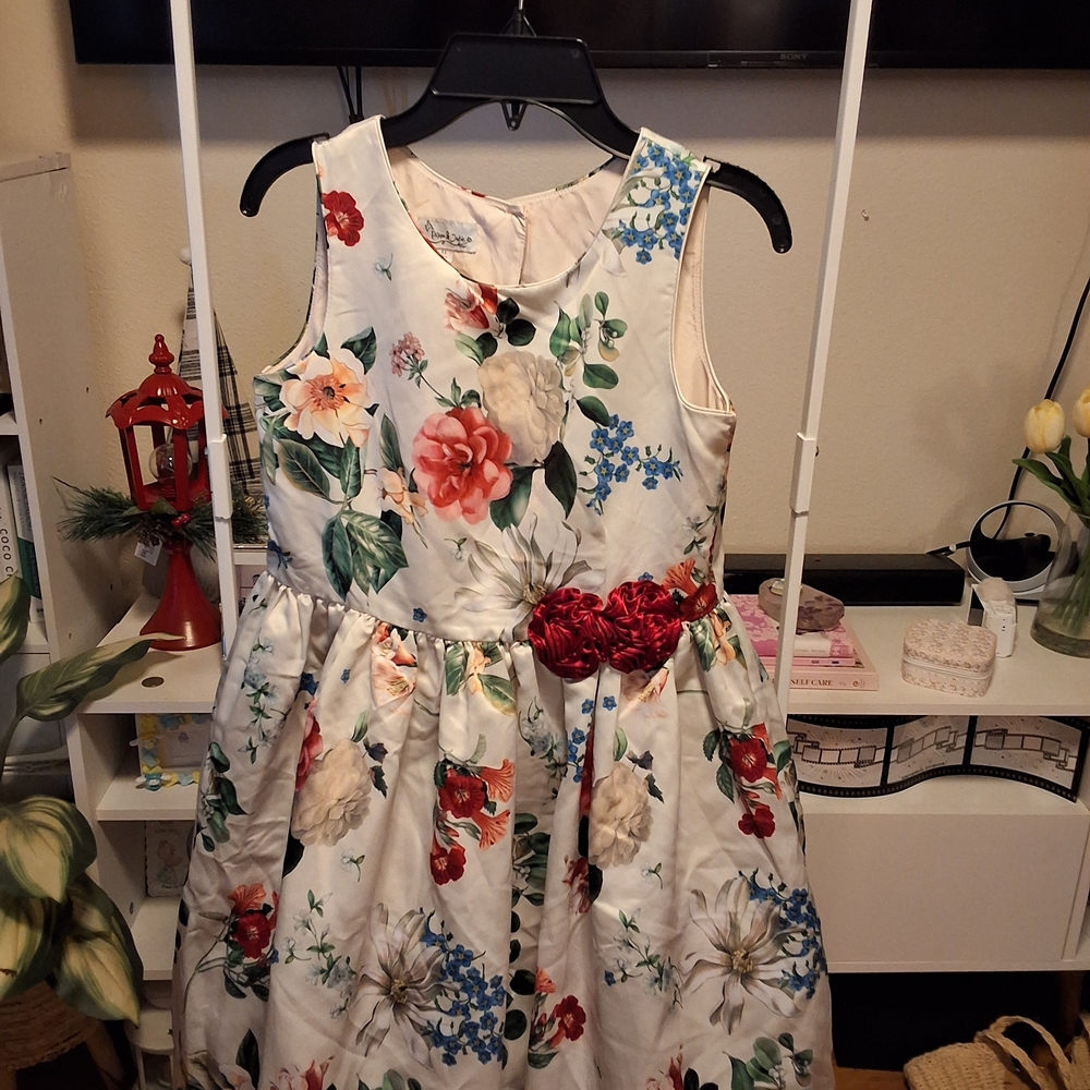 Pippa & Julie White Floral Sleeveless Party Dress with Red Sash